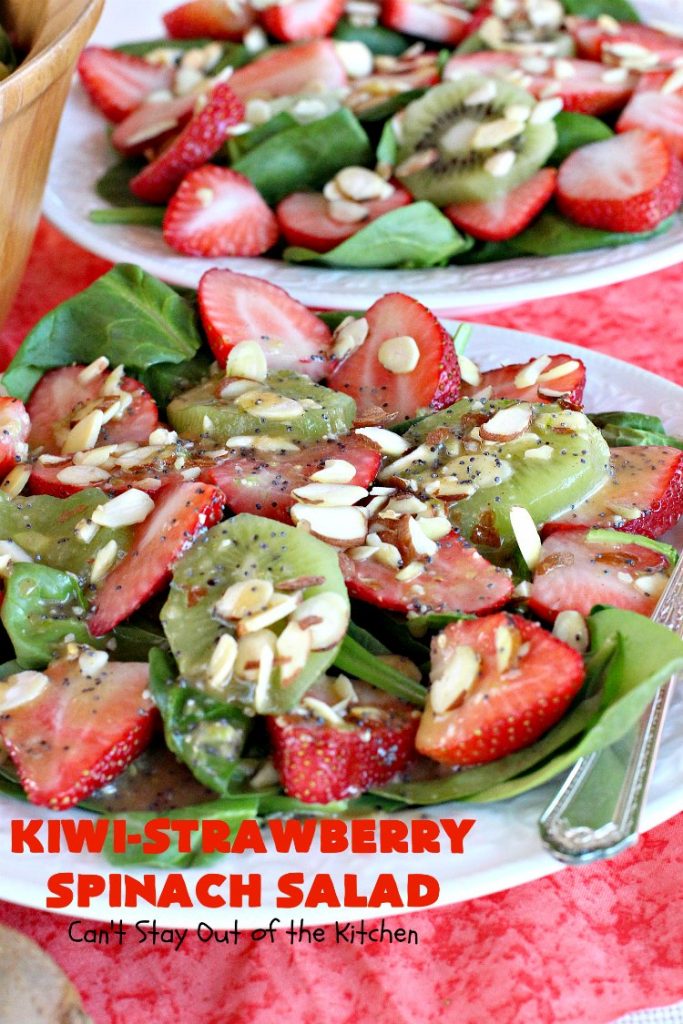 Kiwi-Strawberry Spinach Salad | Can't Stay Out of the Kitchen | this fantastic #salad is festive & beautiful enough to serve for company or #holiday dinners like #Easter, #MothersDay or #FathersDay. It's healthy, #glutenfree #vegan & #cleaneating--not to mention absolutely delicious. #kiwi #strawberries