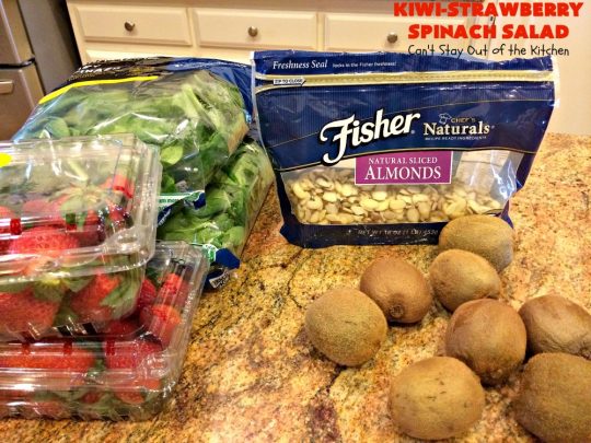 Kiwi-Strawberry Spinach Salad | Can't Stay Out of the Kitchen | this fantastic #salad is festive & beautiful enough to serve for company or #holiday dinners like #Easter, #MothersDay or #FathersDay. It's healthy, #glutenfree #vegan & #cleaneating--not to mention absolutely delicious. #kiwi #strawberries