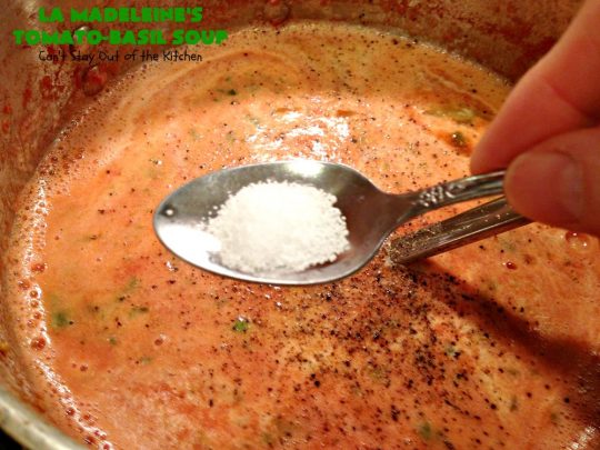LaMadeleine's Tomato-Basil Soup | Can't Stay Out of the Kitchen | Easy 30-minute #soup that's perfect comfort food for the fall. This is the #LaMadeleines #tomatobasilsoup #recipe that was provided to #DallasMorningNews. #tomatoes #basil #glutenfree #tomatosoup