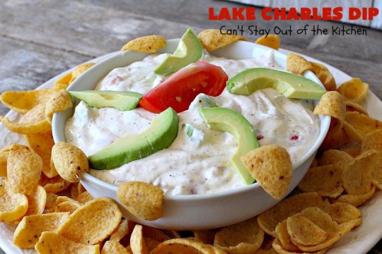 Lake Charles Dip | Can't Stay Out of the Kitchen | this fantastic dip uses #GoodSeasons salad dressing mix & #Louisianahotsauce to provide one of the most spectacular dips ever. Also includes #avocados & #tomatoes & takes less than 10 minutes to make. We served it with #Fritos & #RitzCrackers. #Cajun #appetizer #tailgating