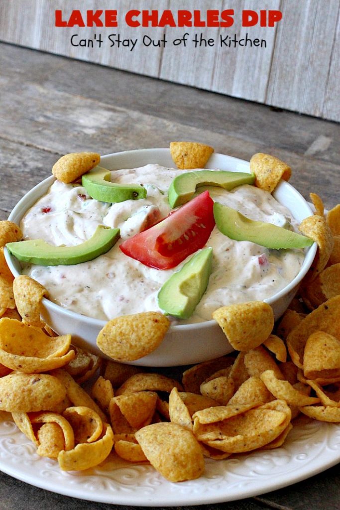 Lake Charles Dip | Can't Stay Out of the Kitchen | this fantastic dip uses #GoodSeasons salad dressing mix & #Louisianahotsauce to provide one of the most spectacular dips ever. Also includes #avocados & #tomatoes & takes less than 10 minutes to make. We served it with #Fritos & #RitzCrackers. #Cajun #appetizer #tailgating