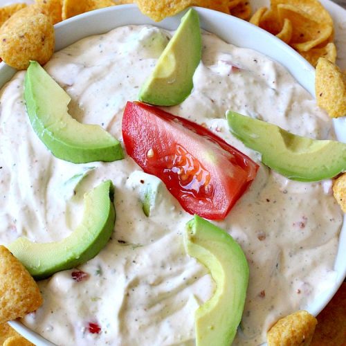 Lake Charles Dip | Can't Stay Out of the Kitchen | this fantastic dip uses #GoodSeasons salad dressing mix & #Louisianahotsauce to provide one of the most spectacular dips ever. Also includes #avocados & #tomatoes & takes less than 10 minutes to make. We served it with #Fritos & #RitzCrackers. #Cajun #appetizer #tailgating