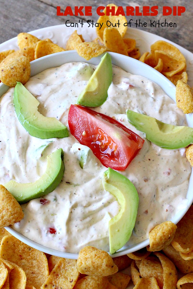 Lake Charles Dip | Can't Stay Out of the Kitchen | this fantastic dip uses #GoodSeasons salad dressing mix & #Louisianahotsauce to provide one of the most spectacular dips ever. Also includes #avocados & #tomatoes & takes less than 10 minutes to make. We served it with #Fritos & #RitzCrackers. #Cajun #appetizer #tailgating