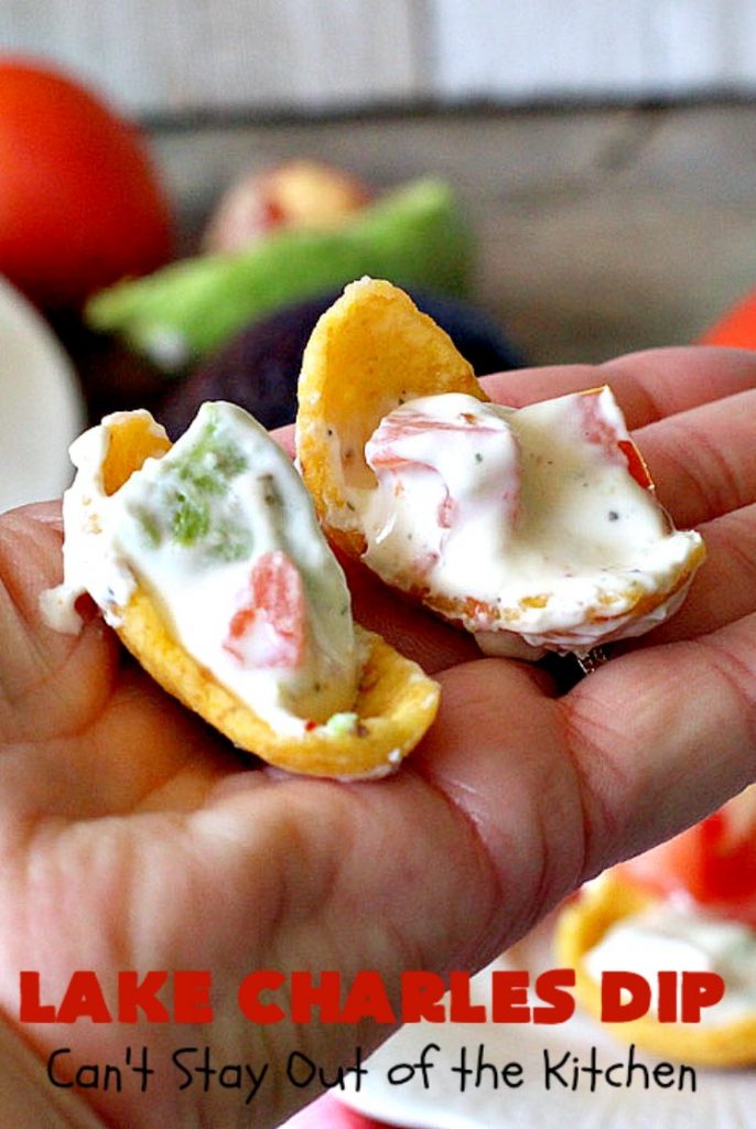 Lake Charles Dip | Can't Stay Out of the Kitchen | this fantastic dip uses #GoodSeasons salad dressing mix & #Louisianahotsauce to provide one of the most spectacular dips ever. Also includes #avocados & #tomatoes & takes less than 10 minutes to make. We served it with #Fritos & #RitzCrackers. #Cajun #appetizer #tailgating