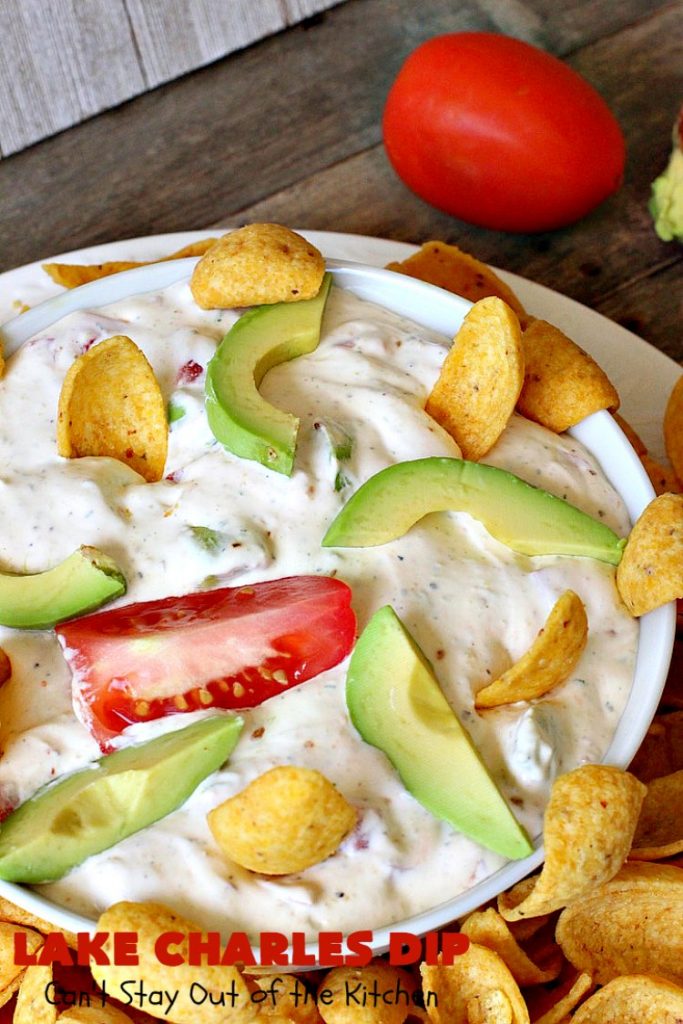 Lake Charles Dip | Can't Stay Out of the Kitchen | this fantastic dip uses #GoodSeasons salad dressing mix & #Louisianahotsauce to provide one of the most spectacular dips ever. Also includes #avocados & #tomatoes & takes less than 10 minutes to make. We served it with #Fritos & #RitzCrackers. #Cajun #appetizer #tailgating