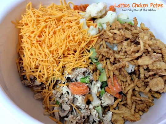 Lattice Chicken Potpie | Can't Stay Out of the Kitchen | fabulous & easy #chicken #potpie includes #veggies #French'sFriedOnions and has a simple crust using #CrescentRolls.