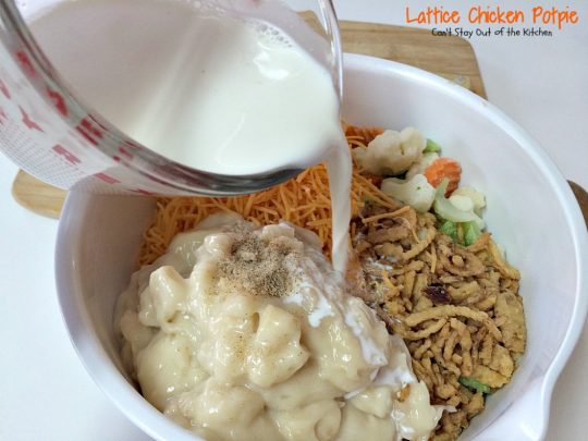 Lattice Chicken Potpie | Can't Stay Out of the Kitchen | fabulous & easy #chicken #potpie includes #veggies #French'sFriedOnions and has a simple crust using #CrescentRolls.