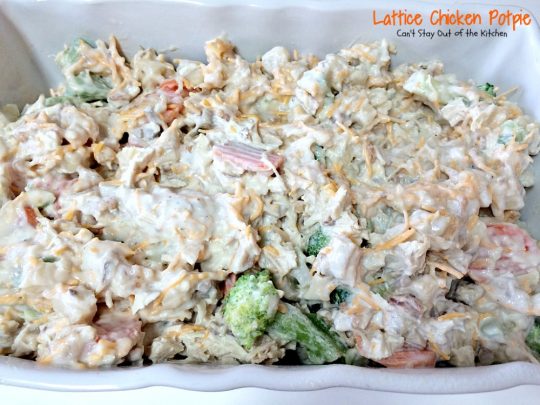 Lattice Chicken Potpie | Can't Stay Out of the Kitchen | fabulous & easy #chicken #potpie includes #veggies #French'sFriedOnions and has a simple crust using #CrescentRolls.