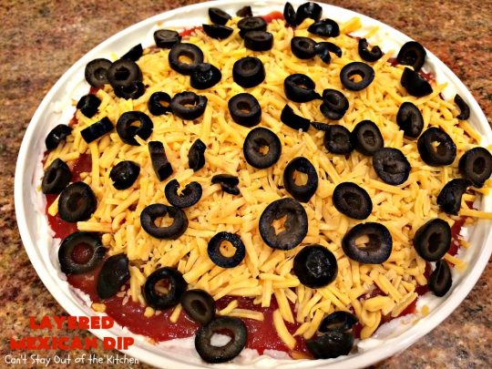 Layered Mexican Dip | Can't Stay Out of the Kitchen | this super easy 5-ingredient #appetizer can be made in a jiffy! It's perfect for #tailgating parties, potlucks, grilling out or anytime you're getting together with company. Everyone always loves it! #salsa #TexMex #cheddarcheese #EasyAppetizer #EasyTexMexAppetizer #LayeredMexicanDip