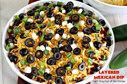 Layered Mexican Dip | Can't Stay Out of the Kitchen | this super easy 5-ingredient #appetizer can be made in a jiffy! It's perfect for #tailgating parties, potlucks, grilling out or anytime you're getting together with company. Everyone always loves it! #salsa #TexMex #cheddarcheese #EasyAppetizer #EasyTexMexAppetizer #LayeredMexicanDip
