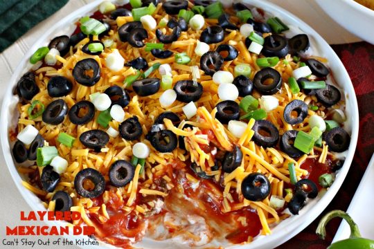 Layered Mexican Dip | Can't Stay Out of the Kitchen | this super easy 5-ingredient #appetizer can be made in a jiffy! It's perfect for #tailgating parties, potlucks, grilling out or anytime you're getting together with company. Everyone always loves it! #salsa #TexMex #cheddarcheese #EasyAppetizer #EasyTexMexAppetizer #LayeredMexicanDip