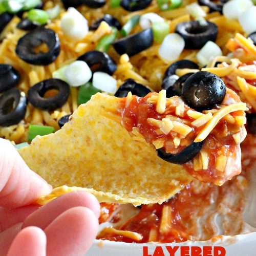 Layered Mexican Dip | Can't Stay Out of the Kitchen | this super easy 5-ingredient #appetizer can be made in a jiffy! It's perfect for #tailgating parties, potlucks, grilling out or anytime you're getting together with company. Everyone always loves it! #salsa #TexMex #cheddarcheese #EasyAppetizer #EasyTexMexAppetizer #LayeredMexicanDip