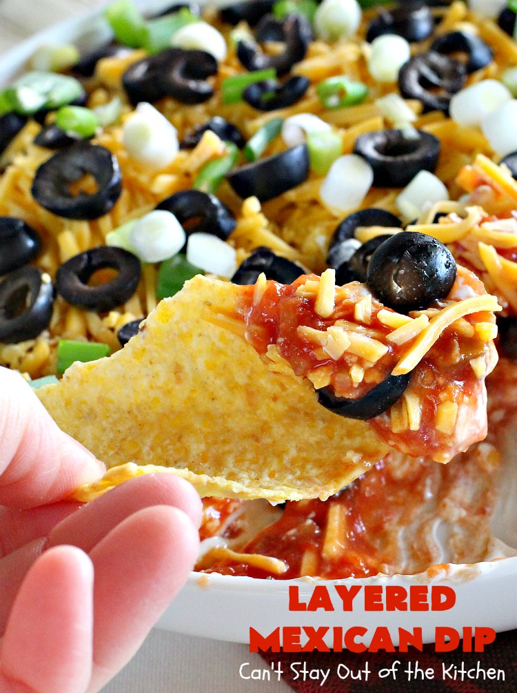 Layered Mexican Dip | Can't Stay Out of the Kitchen | this super easy 5-ingredient #appetizer can be made in a jiffy! It's perfect for #tailgating parties, potlucks, grilling out or anytime you're getting together with company. Everyone always loves it! #salsa #TexMex #cheddarcheese #EasyAppetizer #EasyTexMexAppetizer #LayeredMexicanDip