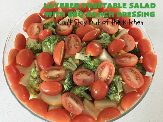 Layered Vegetable Salad with BBQ Ranch Dressing is spectacular! This amazing #salad uses all kinds of fresh #veggies, plus #bacon & two kinds of #cheese: #Cheddar & #MontereyJack. The #BBQRanchDressing is what gives the #recipe such amazing flavor. This #LayeredSalad is terrific for company or #holiday dinners & is #GlutenFree. #eggs #LayeredVegetableSaladWith BBQRanchDressing Layered Vegetable Salad with BBQ Ranch Dressing is spectacular! This amazing #salad uses all kinds of fresh #veggies, plus #bacon & two kinds of #cheese: #Cheddar & #MontereyJack. The #BBQRanchDressing is what gives the #recipe such amazing flavor. This #LayeredSalad is terrific for company or #holiday dinners & is #GlutenFree. #eggs #LayeredVegetableSaladWith BBQRanchDressing