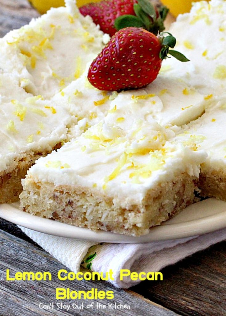 Lemon Coconut Pecan Blondies | Can't Stay Out of the Kitchen | these #cookies are divine! They have a heavenly #lemon icing and are filled with #coconut & #pecans. Great for #holiday #baking, #potlucks or #tailgating. #dessert #HolidayDessert #LemonDessert #brownie #LemonCoconutPecanBlondies