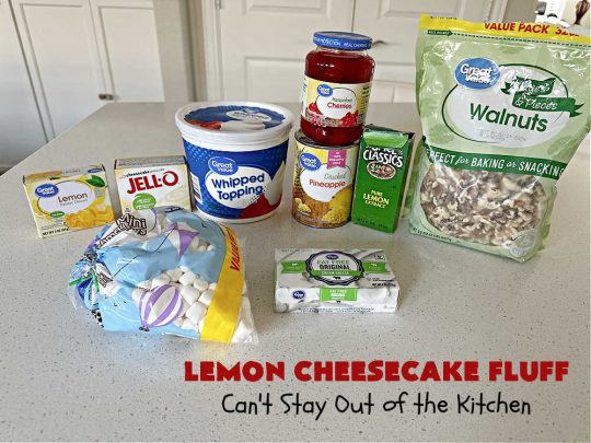 Lemon Cheesecake Fluff | Can't Stay Out of the Kitchen | this spectacular "fluff"-type #FruitSalad is terrific for company or #holiday dinners. It includes #CreamCheese, #CheesecakePuddingMix, #Lemon #JellO, miniature #marshmallows, #CoolWhip & #walnuts.Serve it in a trifle dish, glass bowl or parfait glasses for special occasions. #LemonCheesecakeFluff #salad