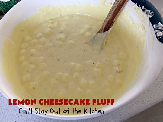Lemon Cheesecake Fluff | Can't Stay Out of the Kitchen | this spectacular "fluff"-type #FruitSalad is terrific for company or #holiday dinners. It includes #CreamCheese, #CheesecakePuddingMix, #Lemon #JellO, miniature #marshmallows, #CoolWhip & #walnuts.Serve it in a trifle dish, glass bowl or parfait glasses for special occasions. #LemonCheesecakeFluff #salad