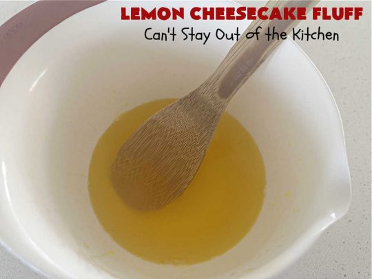 Lemon Cheesecake Fluff | Can't Stay Out of the Kitchen | this spectacular "fluff"-type #FruitSalad is terrific for company or #holiday dinners. It includes #CreamCheese, #CheesecakePuddingMix, #Lemon #JellO, miniature #marshmallows, #CoolWhip & #walnuts.Serve it in a trifle dish, glass bowl or parfait glasses for special occasions. #LemonCheesecakeFluff #salad