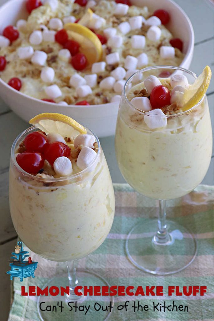 Lemon Cheesecake Fluff | Can't Stay Out of the Kitchen | this spectacular "fluff"-type #FruitSalad is terrific for company or #holiday dinners. It includes #CreamCheese, #CheesecakePuddingMix, #Lemon #JellO, miniature #marshmallows, #CoolWhip & #walnuts.Serve it in a trifle dish, glass bowl or parfait glasses for special occasions. #LemonCheesecakeFluff #salad