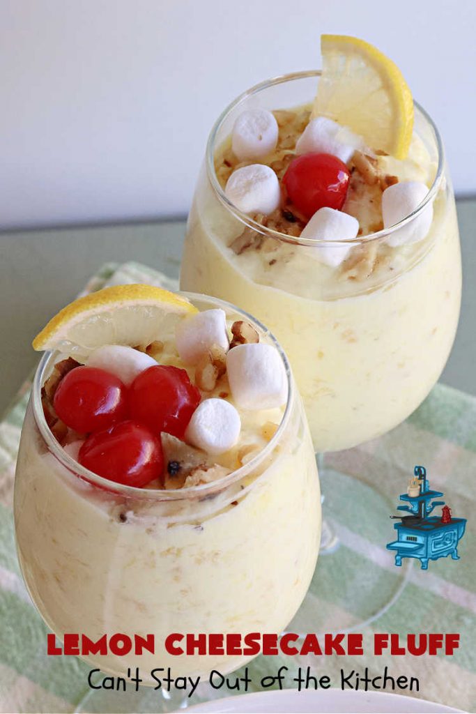 Lemon Cheesecake Fluff | Can't Stay Out of the Kitchen | this spectacular "fluff"-type #FruitSalad is terrific for company or #holiday dinners. It includes #CreamCheese, #CheesecakePuddingMix, #Lemon #JellO, miniature #marshmallows, #CoolWhip & #walnuts.Serve it in a trifle dish, glass bowl or parfait glasses for special occasions. #LemonCheesecakeFluff #salad