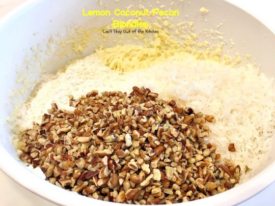 Lemon Coconut Pecan Blondies | Can't Stay Out of the Kitchen | these #cookies are divine! They have a heavenly #lemon icing and are filled with #coconut & #pecans. Great for #potlucks or #tailgating. #dessert