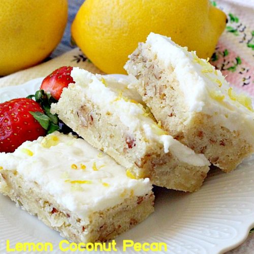 Lemon Coconut Pecan Blondies | Can't Stay Out of the Kitchen | these #cookies are divine! They have a heavenly #lemon icing and are filled with #coconut & #pecans. Great for #potlucks or #tailgating. #dessert