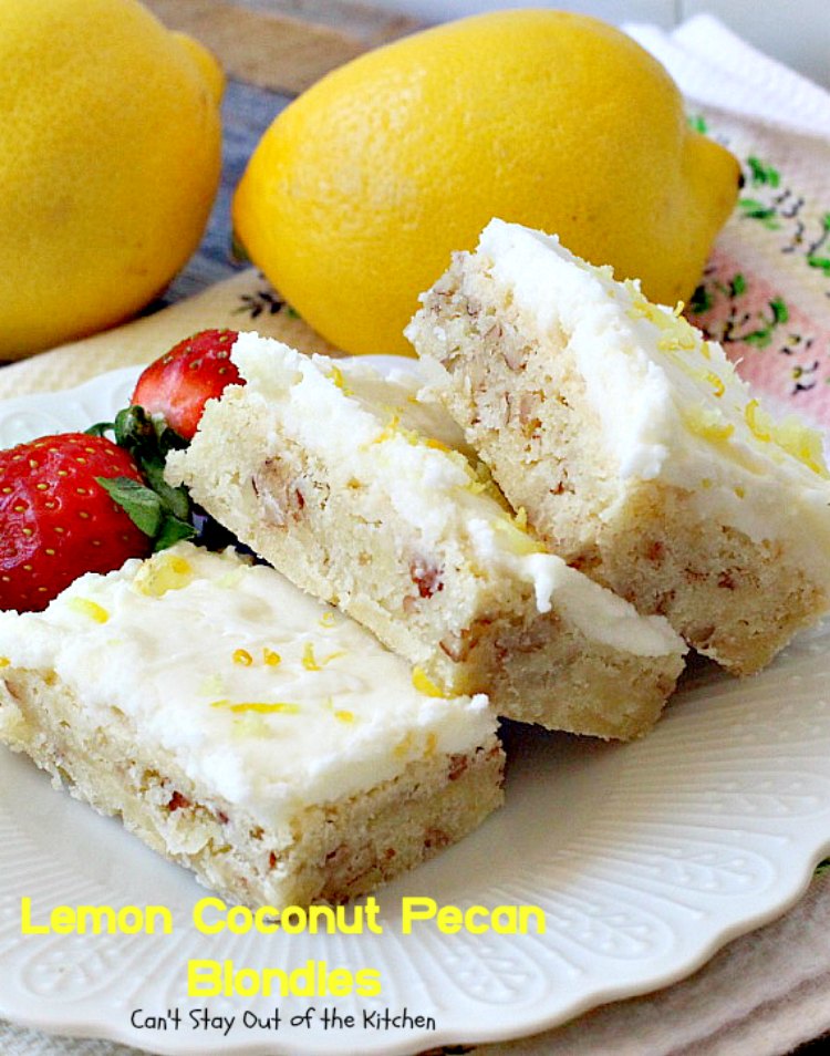 Lemon Coconut Pecan Blondies | Can't Stay Out of the Kitchen | these #cookies are divine! They have a heavenly #lemon icing and are filled with #coconut & #pecans. Great for #potlucks or #tailgating. #dessert