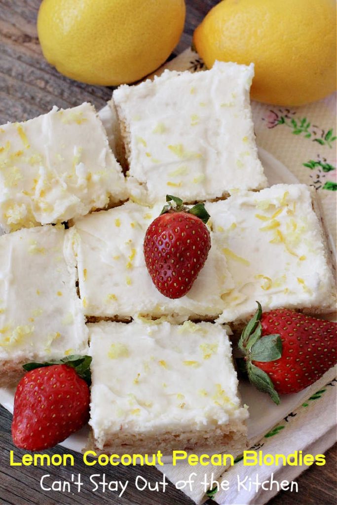 Lemon Coconut Pecan Blondies | Can't Stay Out of the Kitchen | these #cookies are divine! They have a heavenly #lemon icing and are filled with #coconut & #pecans. Great for #holiday #baking, #potlucks or #tailgating. #dessert #HolidayDessert #LemonDessert #brownie #LemonCoconutPecanBlondies