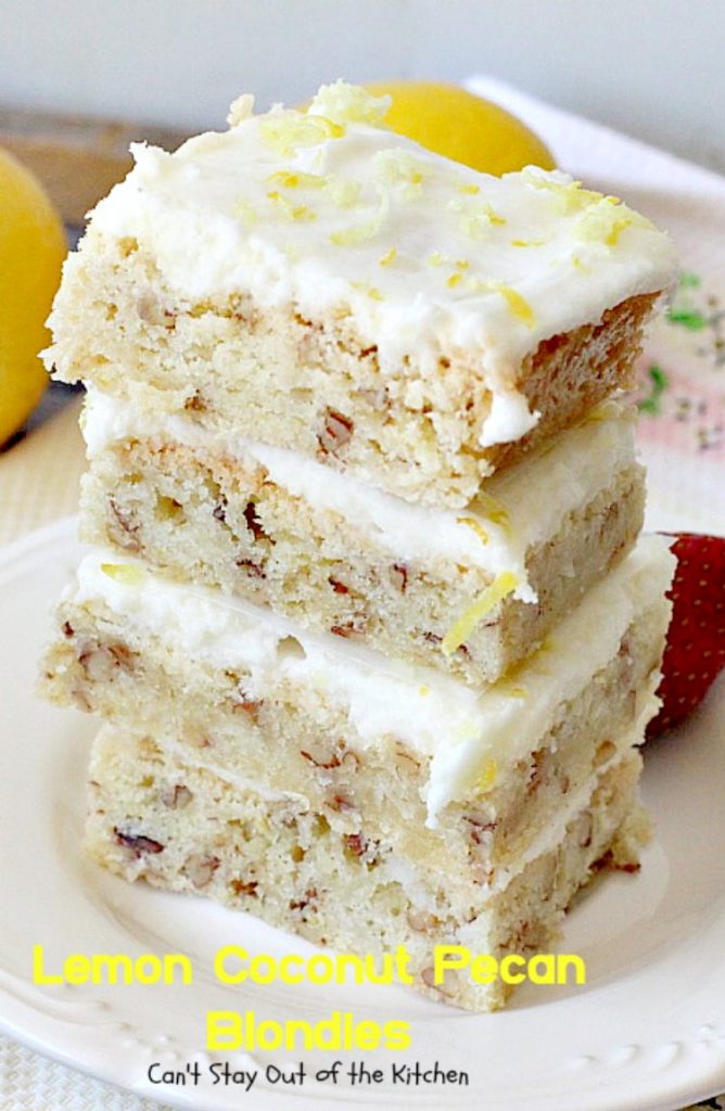 Lemon Coconut Pecan Blondies | Can't Stay Out of the Kitchen | these #cookies are divine! They have a heavenly #lemon icing and are filled with #coconut & #pecans. Great for #potlucks or #tailgating. #dessert