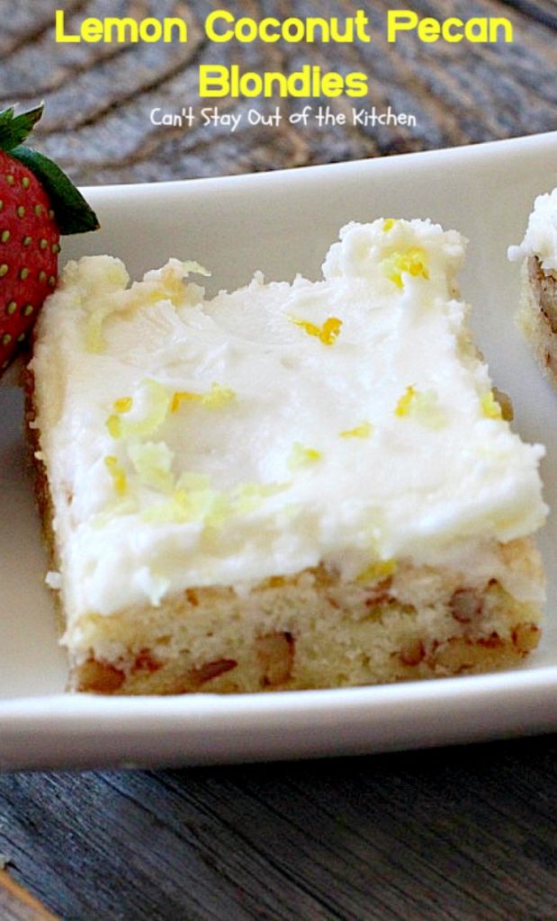Lemon Coconut Pecan Blondies | Can't Stay Out of the Kitchen | these #cookies are divine! They have a heavenly #lemon icing and are filled with #coconut & #pecans. Great for #potlucks or #tailgating. #dessert