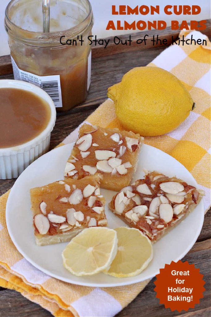 Lemon Curd Almond Bars | Can't Stay Out of the Kitchen | these drool-worthy #cookies are perfect for #holiday #baking & #Christmas or #NewYearsDay parties. #LemonCurd in the filling makes these goodies sensational. #dessert #HolidayDessert #LemonCurdDessert #almonds #AlmondDessert #LemonCurdAlmondBars