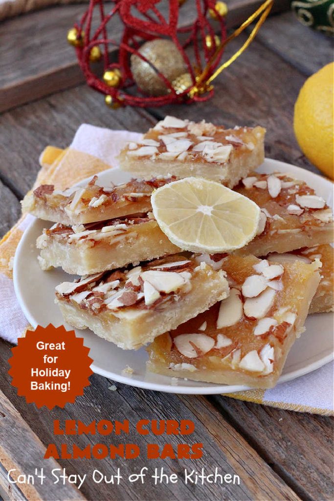 Lemon Curd Almond Bars | Can't Stay Out of the Kitchen | these drool-worthy #cookies are perfect for #holiday #baking & #Christmas or #NewYearsDay parties. #LemonCurd in the filling makes these goodies sensational. #dessert #HolidayDessert #LemonCurdDessert #almonds #AlmondDessert #LemonCurdAlmondBars