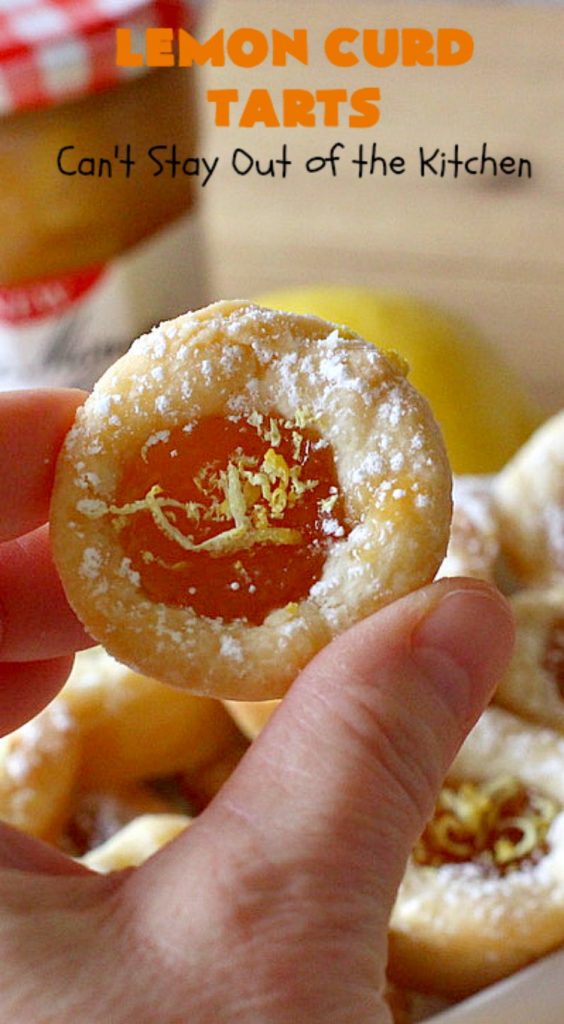 Lemon Curd Tarts | Can't Stay Out of the Kitchen | This awesome 6 ingredient #recipe is perfect for #holiday #baking & #ChristmasCookieExchanges. These festive #cookies are filled with #LemonCurd & are absolutely delightful. Every bite will have you drooling! #lemons #dessert #LemonDessert #LemonCurdTarts