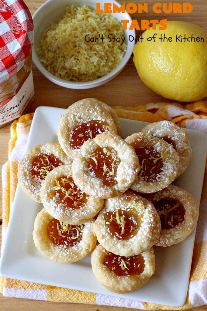 Lemon Curd Tarts | Can't Stay Out of the Kitchen | This awesome 6 ingredient #recipe is perfect for #holiday #baking & #ChristmasCookieExchanges. These festive #cookies are filled with #LemonCurd & are absolutely delightful. Every bite will have you drooling! #lemons #dessert #LemonDessert #LemonCurdTarts