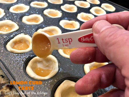 Lemon Curd Tarts | Can't Stay Out of the Kitchen | This awesome 6 ingredient #recipe is perfect for #holiday #baking & #ChristmasCookieExchanges. These festive #cookies are filled with #LemonCurd & are absolutely delightful. Every bite will have you drooling! #lemons #dessert #LemonDessert #LemonCurdTarts