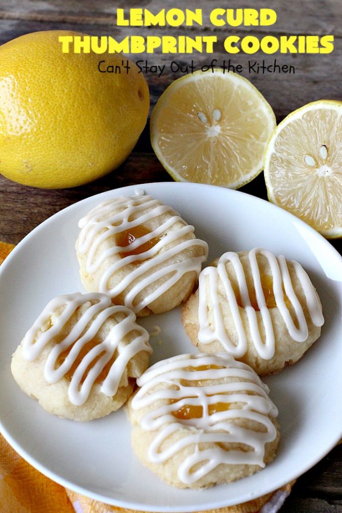 Lemon Curd Thumbprint Cookies | Can't Stay Out of the Kitchen | these delectable #thumbprintcookies are terrific for the #holidays & #Christmas #baking. #LemonCurd gives them a little bite & the vanilla icing on top makes them sweetly heavenly. #cookies #dessert #lemon #LemonDessert #HolidayDessert #ChristmasDessert #ChristmasCookieExchange #ChristmasCookie