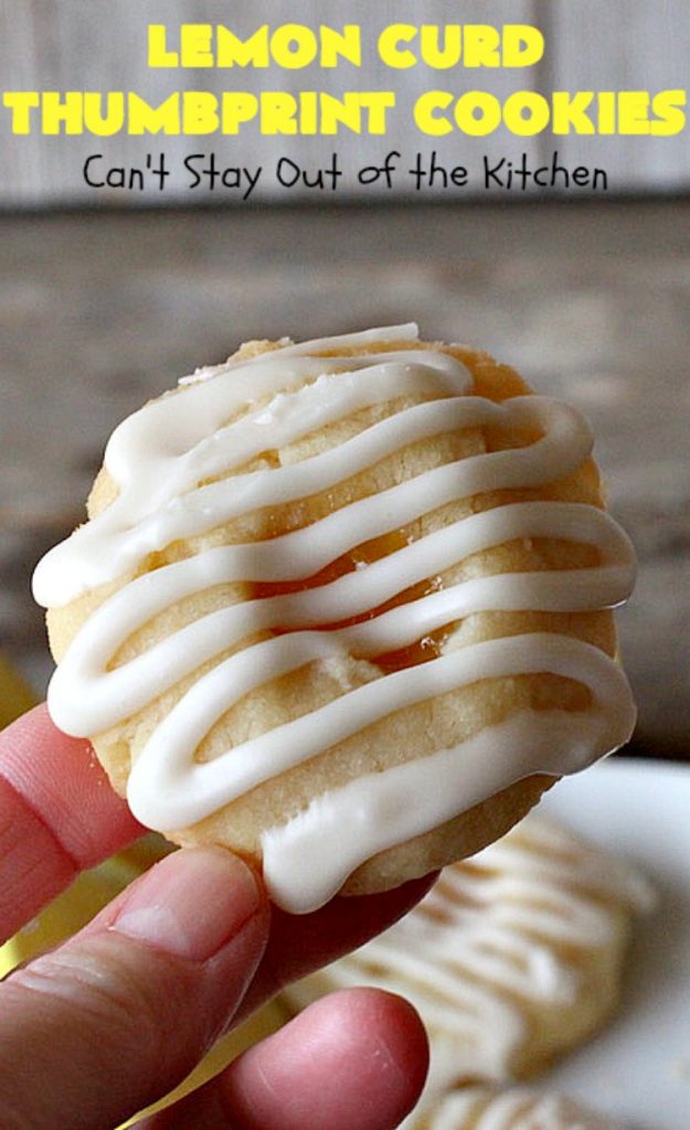 Lemon Curd Thumbprint Cookies | Can't Stay Out of the Kitchen | these delectable #thumbprintcookies are terrific for the #holidays & #Christmas #baking. #LemonCurd gives them a little bite & the vanilla icing on top makes them sweetly heavenly. #cookies #dessert #lemon #LemonDessert #HolidayDessert #ChristmasDessert #ChristmasCookieExchange #ChristmasCookie