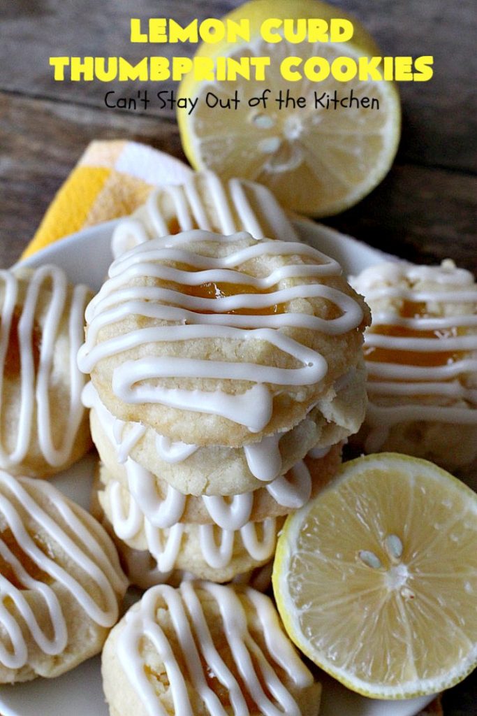 Lemon Curd Thumbprint Cookies | Can't Stay Out of the Kitchen | these delectable #thumbprintcookies are terrific for the #holidays & #Christmas #baking. #LemonCurd gives them a little bite & the vanilla icing on top makes them sweetly heavenly. #cookies #dessert #lemon #LemonDessert #HolidayDessert #ChristmasDessert #ChristmasCookieExchange #ChristmasCookie