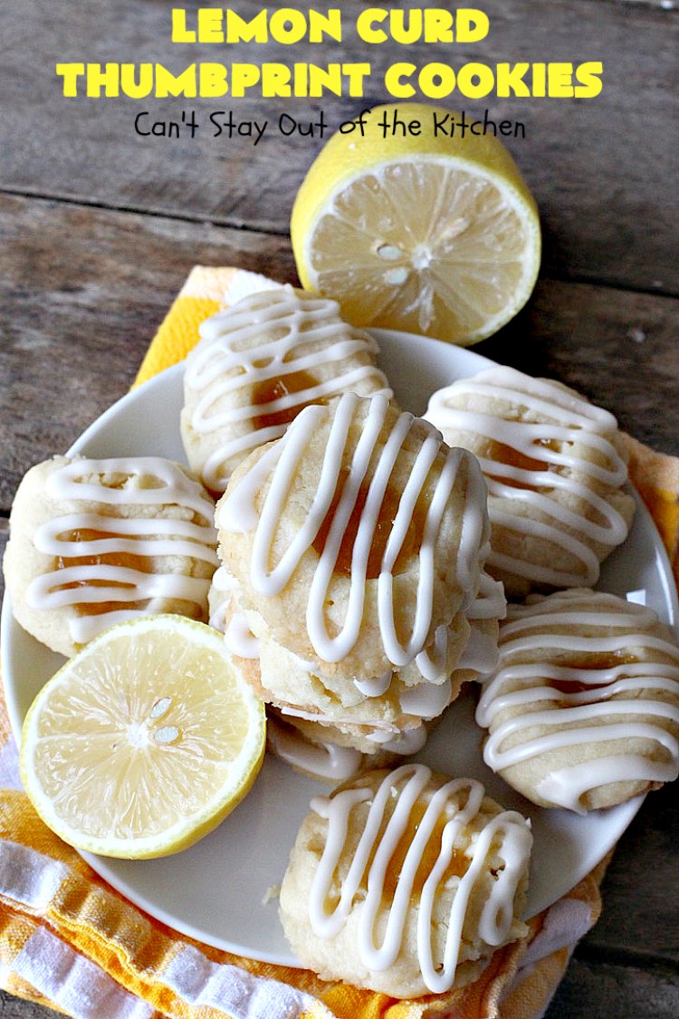 Lemon Curd Thumbprint Cookies | Can't Stay Out of the Kitchen | these delectable #thumbprintcookies are terrific for the #holidays & #Christmas #baking. #LemonCurd gives them a little bite & the vanilla icing on top makes them sweetly heavenly. #cookies #dessert #lemon #LemonDessert #HolidayDessert #ChristmasDessert #ChristmasCookieExchange #ChristmasCookie