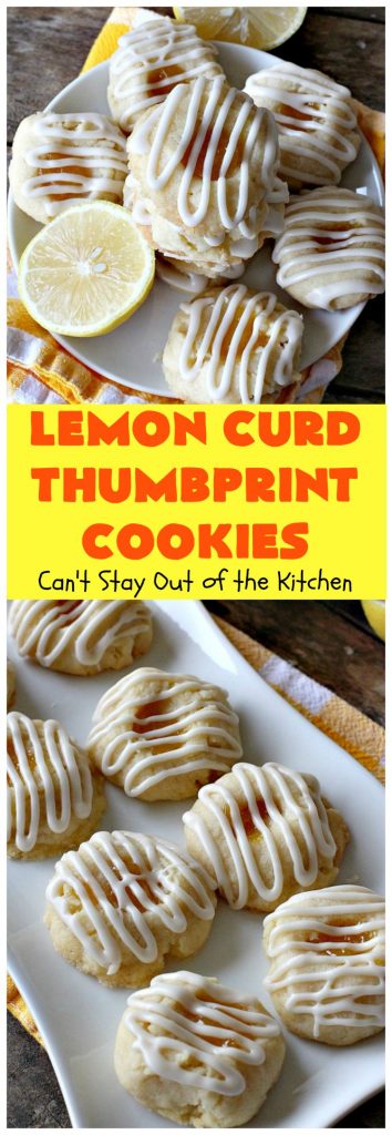 Lemon Curd Thumbprint Cookies | Can't Stay Out of the Kitchen | these delectable #thumbprintcookies are terrific for the #holidays & #Christmas #baking. #LemonCurd gives them a little bite & the vanilla icing on top makes them sweetly heavenly. #cookies #dessert #lemon #LemonDessert #HolidayDessert #ChristmasDessert #ChristmasCookieExchange #ChristmasCookie