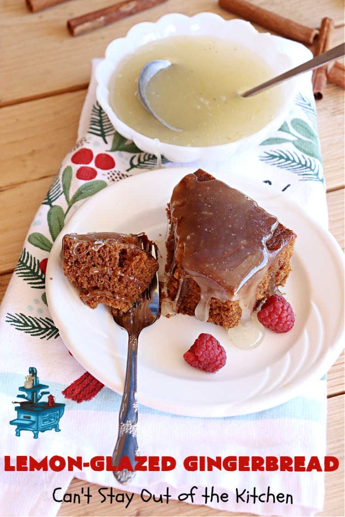 Lemon-Glazed Gingerbread | Can't Stay Out of the Kitchen | this delectable #gingerbread is served with a #LemonGlaze dolloped over top. One whiff of this #dessert #baking in your oven will have you swooning! Excellent #dessert for any occasion including #FallBaking, #Christmas #holidays or anytime you want a #GingerbreadDessert! #LemonGlazedGingerbread