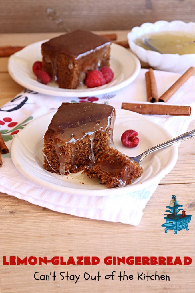 Lemon-Glazed Gingerbread | Can't Stay Out of the Kitchen | this delectable #gingerbread is served with a #LemonGlaze dolloped over top. One whiff of this #dessert #baking in your oven will have you swooning! Excellent #dessert for any occasion including #FallBaking, #Christmas #holidays or anytime you want a #GingerbreadDessert! #LemonGlazedGingerbread