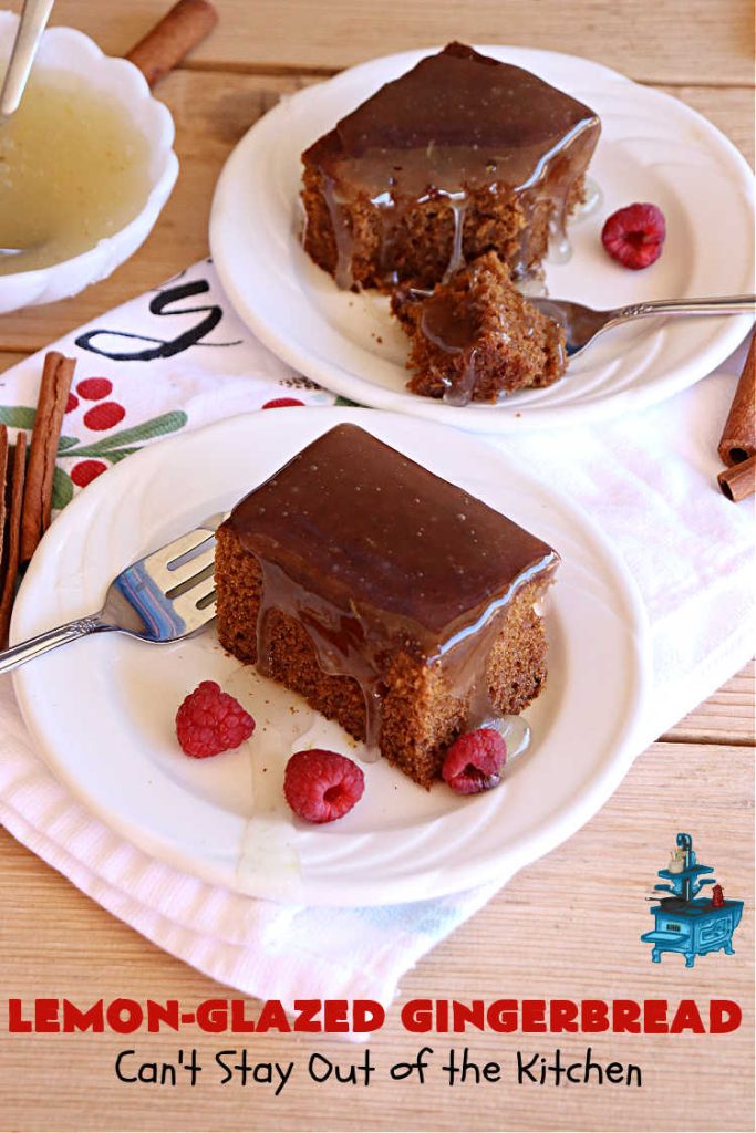 Lemon-Glazed Gingerbread | Can't Stay Out of the Kitchen | this delectable #gingerbread is served with a #LemonGlaze dolloped over top. One whiff of this #dessert #baking in your oven will have you swooning! Excellent #dessert for any occasion including #FallBaking, #Christmas #holidays or anytime you want a #GingerbreadDessert! #LemonGlazedGingerbread