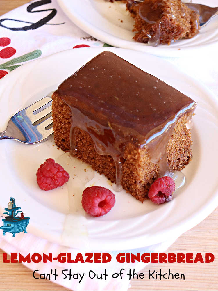 Lemon-Glazed Gingerbread | Can't Stay Out of the Kitchen | this delectable #gingerbread is served with a #LemonGlaze dolloped over top. One whiff of this #dessert #baking in your oven will have you swooning! Excellent #dessert for any occasion including #FallBaking, #Christmas #holidays or anytime you want a #GingerbreadDessert! #LemonGlazedGingerbread