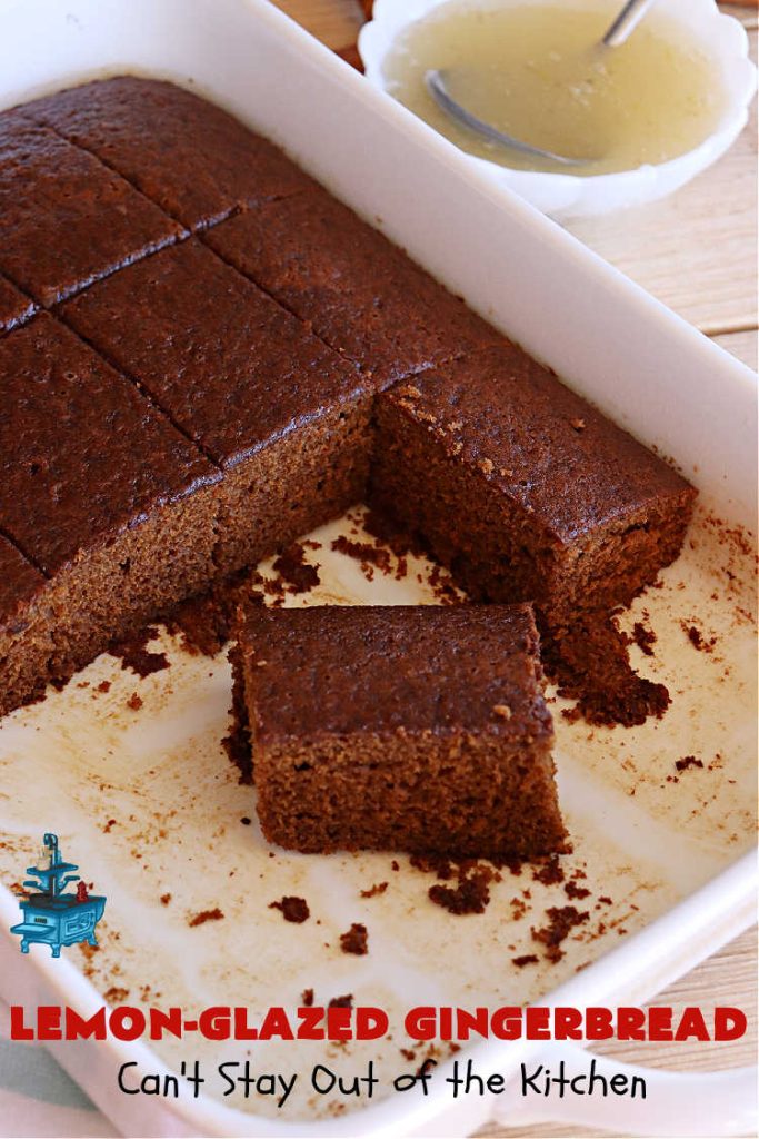 Lemon-Glazed Gingerbread | Can't Stay Out of the Kitchen | this delectable #gingerbread is served with a #LemonGlaze dolloped over top. One whiff of this #dessert #baking in your oven will have you swooning! Excellent #dessert for any occasion including #FallBaking, #Christmas #holidays or anytime you want a #GingerbreadDessert! #LemonGlazedGingerbread