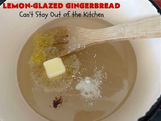 Lemon-Glazed Gingerbread | Can't Stay Out of the Kitchen | this delectable #gingerbread is served with a #LemonGlaze dolloped over top. One whiff of this #dessert #baking in your oven will have you swooning! Excellent #dessert for any occasion including #FallBaking, #Christmas #holidays or anytime you want a #GingerbreadDessert! #LemonGlazedGingerbread