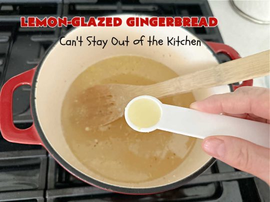 Lemon-Glazed Gingerbread | Can't Stay Out of the Kitchen | this delectable #gingerbread is served with a #LemonGlaze dolloped over top. One whiff of this #dessert #baking in your oven will have you swooning! Excellent #dessert for any occasion including #FallBaking, #Christmas #holidays or anytime you want a #GingerbreadDessert! #LemonGlazedGingerbread