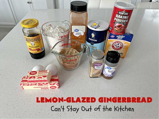 Lemon-Glazed Gingerbread | Can't Stay Out of the Kitchen | this delectable #gingerbread is served with a #LemonGlaze dolloped over top. One whiff of this #dessert #baking in your oven will have you swooning! Excellent #dessert for any occasion including #FallBaking, #Christmas #holidays or anytime you want a #GingerbreadDessert! #LemonGlazedGingerbread