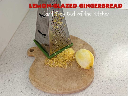 Lemon-Glazed Gingerbread | Can't Stay Out of the Kitchen | this delectable #gingerbread is served with a #LemonGlaze dolloped over top. One whiff of this #dessert #baking in your oven will have you swooning! Excellent #dessert for any occasion including #FallBaking, #Christmas #holidays or anytime you want a #GingerbreadDessert! #LemonGlazedGingerbread