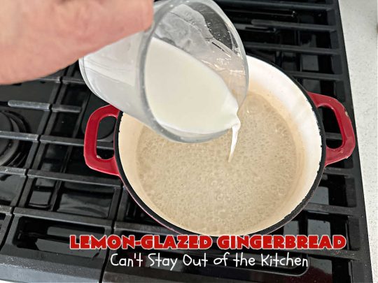 Lemon-Glazed Gingerbread | Can't Stay Out of the Kitchen | this delectable #gingerbread is served with a #LemonGlaze dolloped over top. One whiff of this #dessert #baking in your oven will have you swooning! Excellent #dessert for any occasion including #FallBaking, #Christmas #holidays or anytime you want a #GingerbreadDessert! #LemonGlazedGingerbread